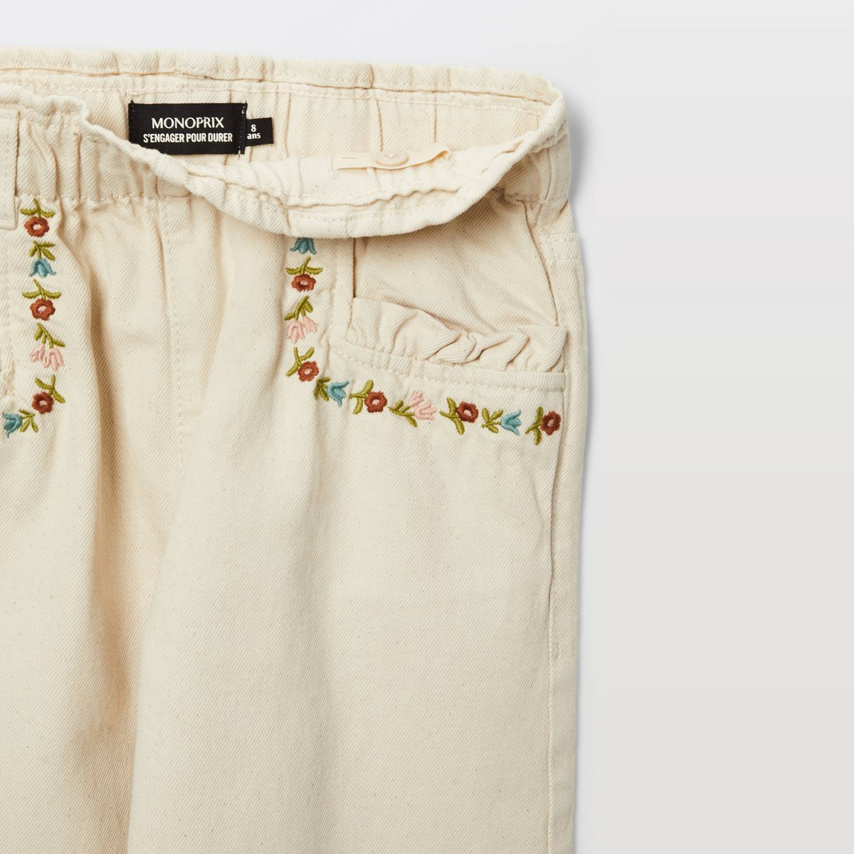Pantalon twill détails de broderies en coton naturel, MONOPRIX