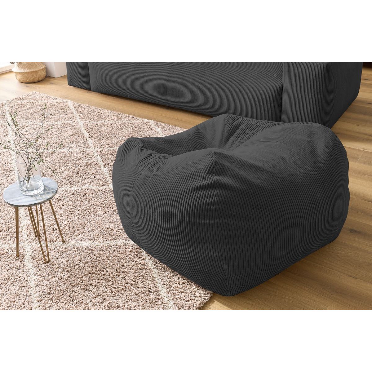 Canapé droit fixe 4 places en velours côtelé avec pouf, VOLTAIRE gris foncé, BOBOCHIC