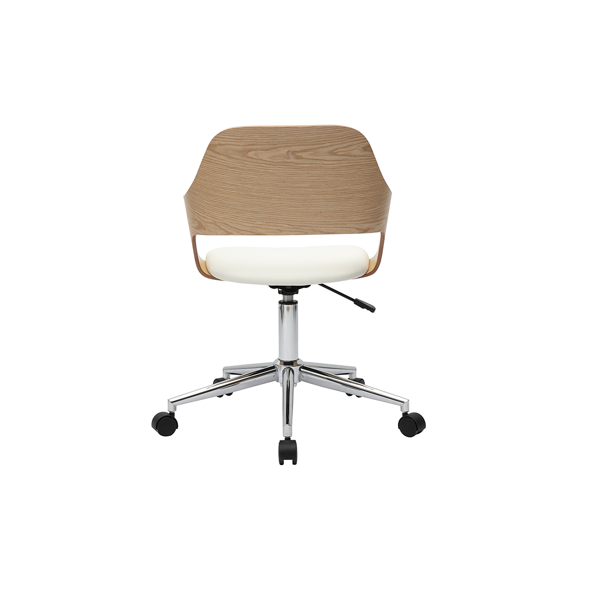 Chaise de bureau à roulettes design blanc, bois clair chêne et acier chromé JANET blanc, MILIBOO