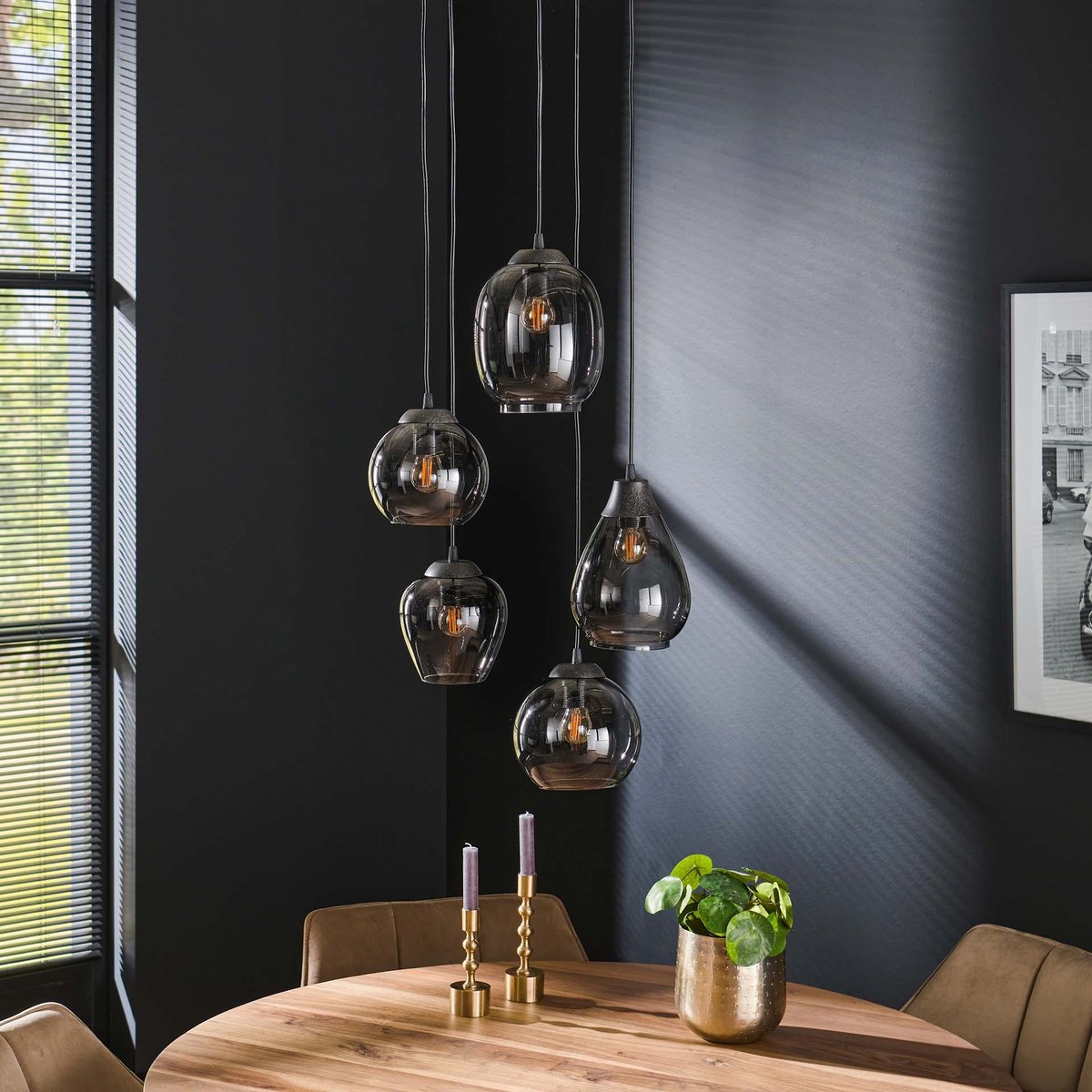 Suspension en verre chromé verticale avec ens. 5 abat-jour NOVA anthracite, PIER IMPORT