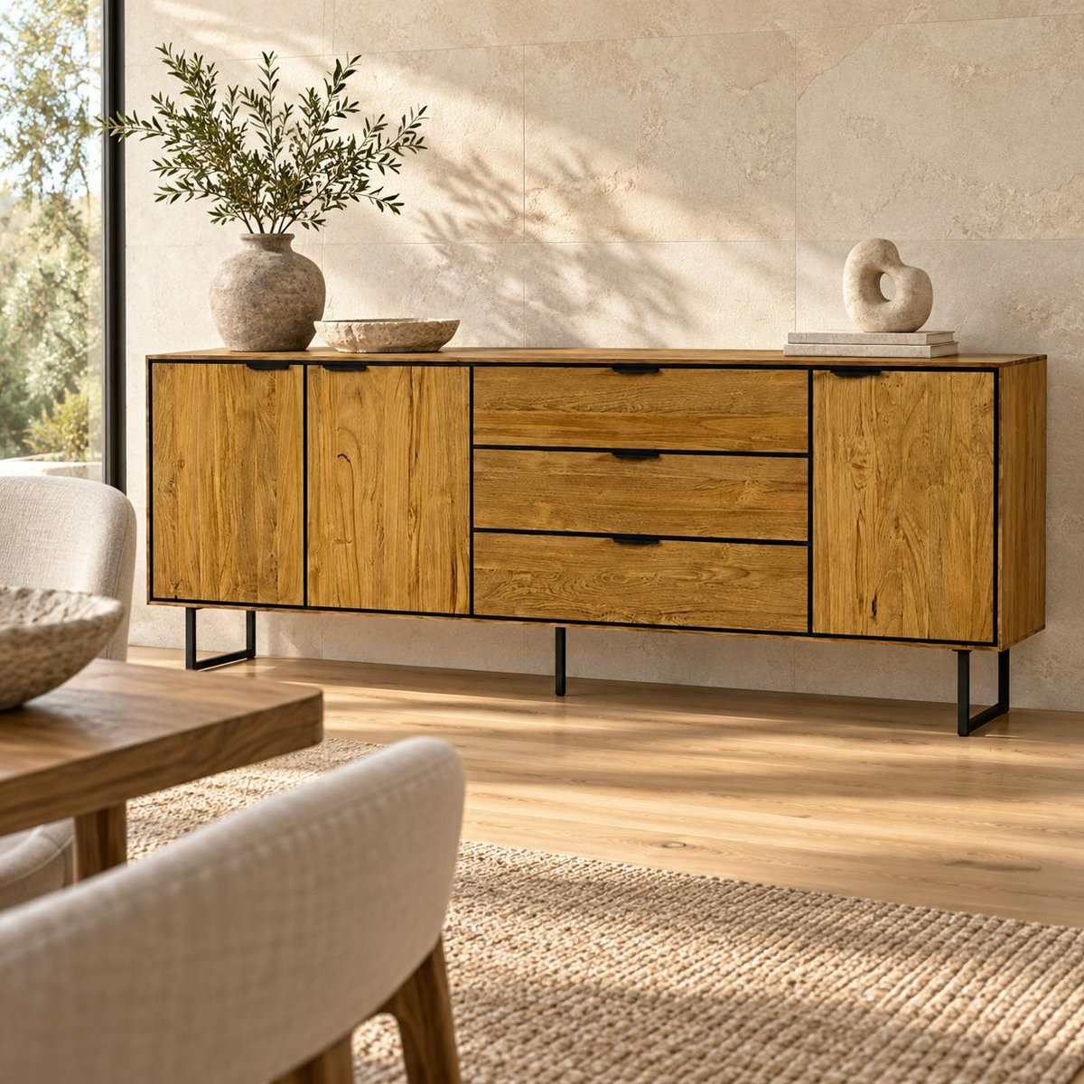 Buffet en teck recyclé 3 portes DEPOK bois naturel, PIER IMPORT