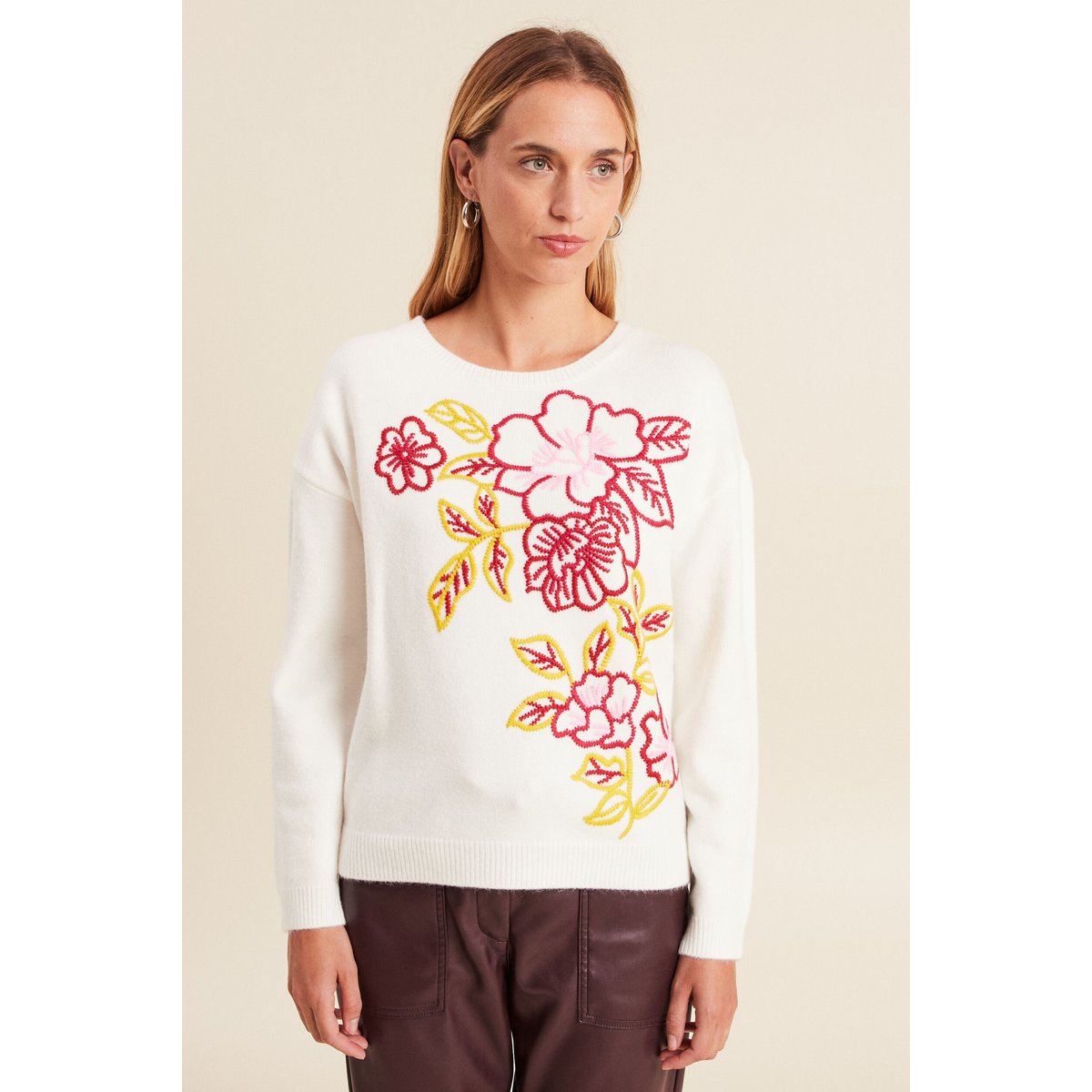 Pull brodé col rond manches longues rose framboise, BREAL