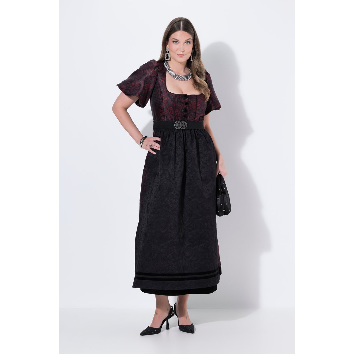 Dirndl, jacquard, col carré rouge vin foncé, ULLA POPKEN