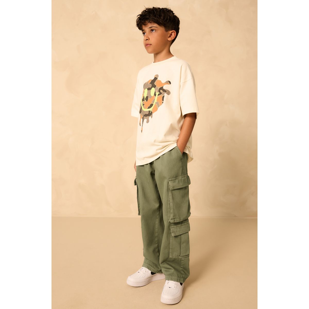 Pantalon cargo en coton sergé tissé vert kaki, NEXT
