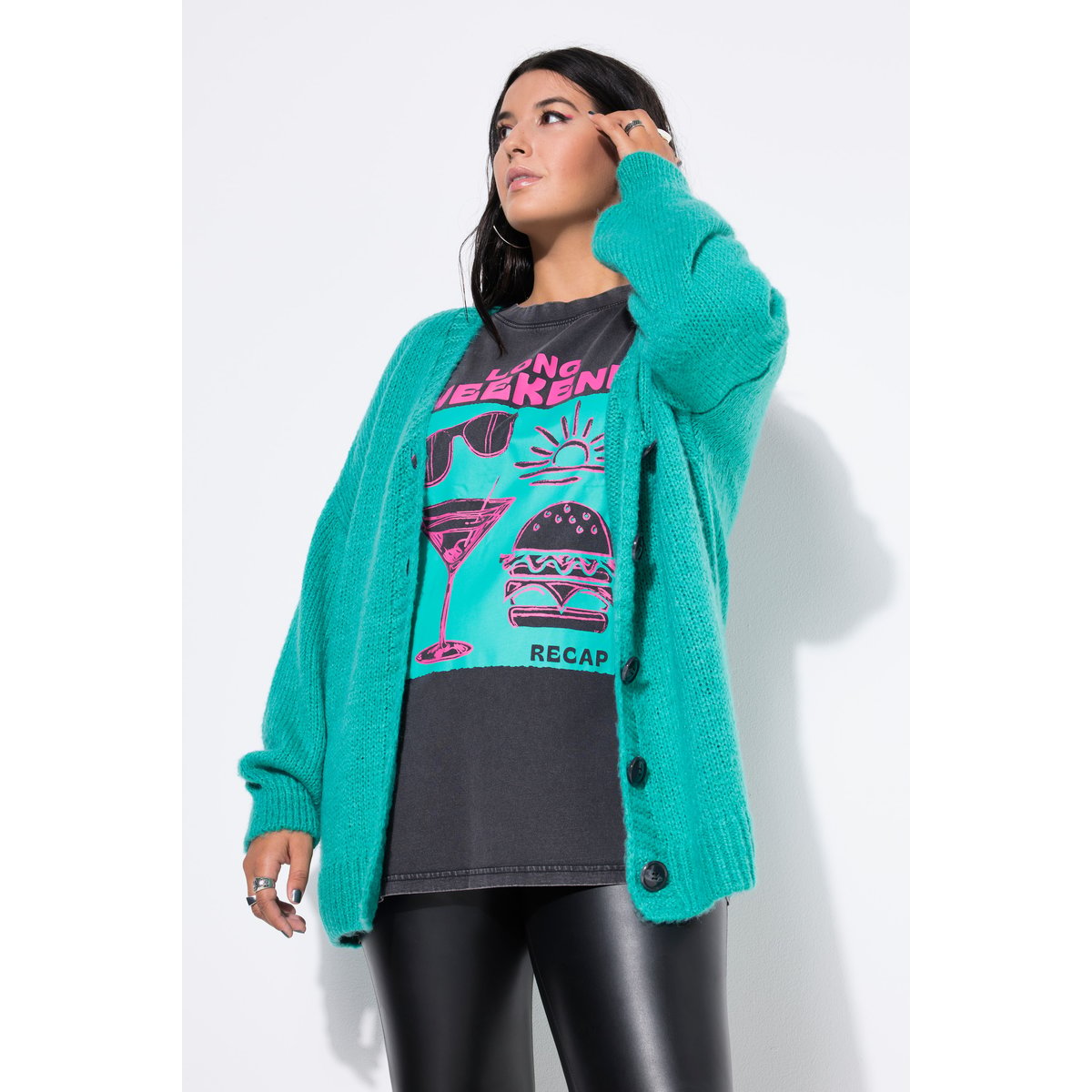 Cardigan oversize, encolure en V vert turquoise, STUDIO UNTOLD