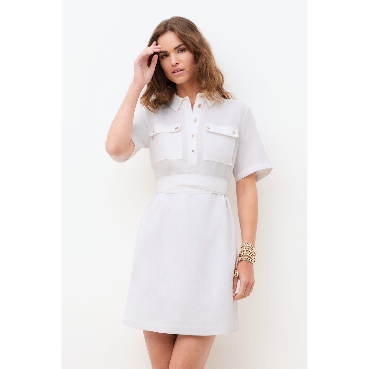 Robe droite en lin col chemise RLEONA blanc, CAROLL