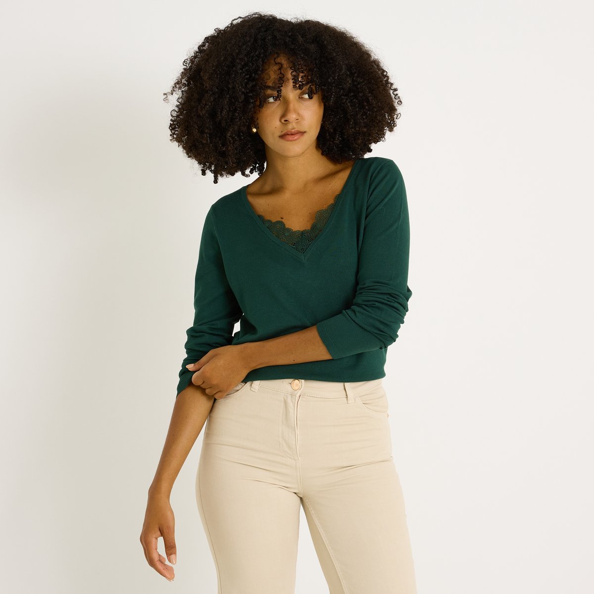 Pull col V ajouré vert, GRAIN DE MALICE