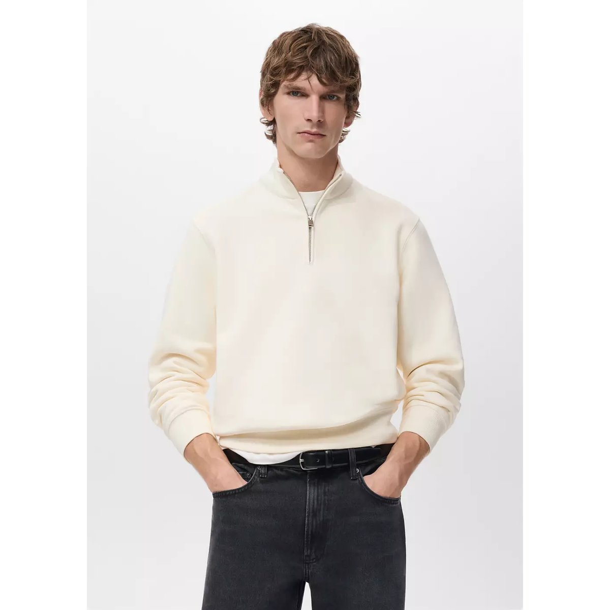 Sweat avec col zippé intérieur soft-touch blanc, MANGO MAN
