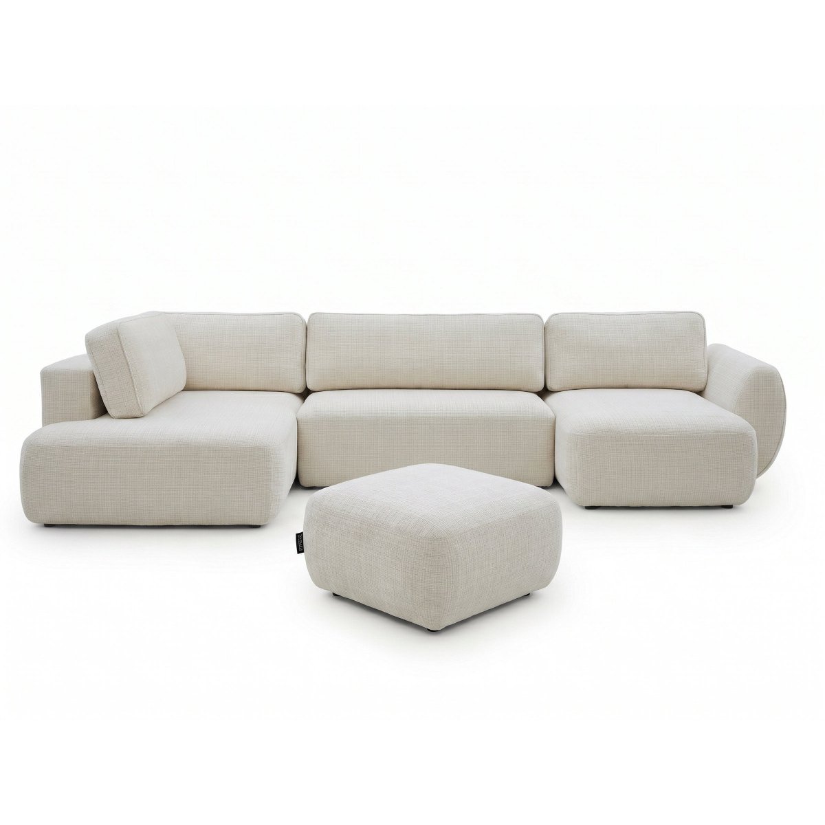Canapé panoramique convertible 6 places en tissu texturé avec pouf, DENISE blanc, BOBOCHIC