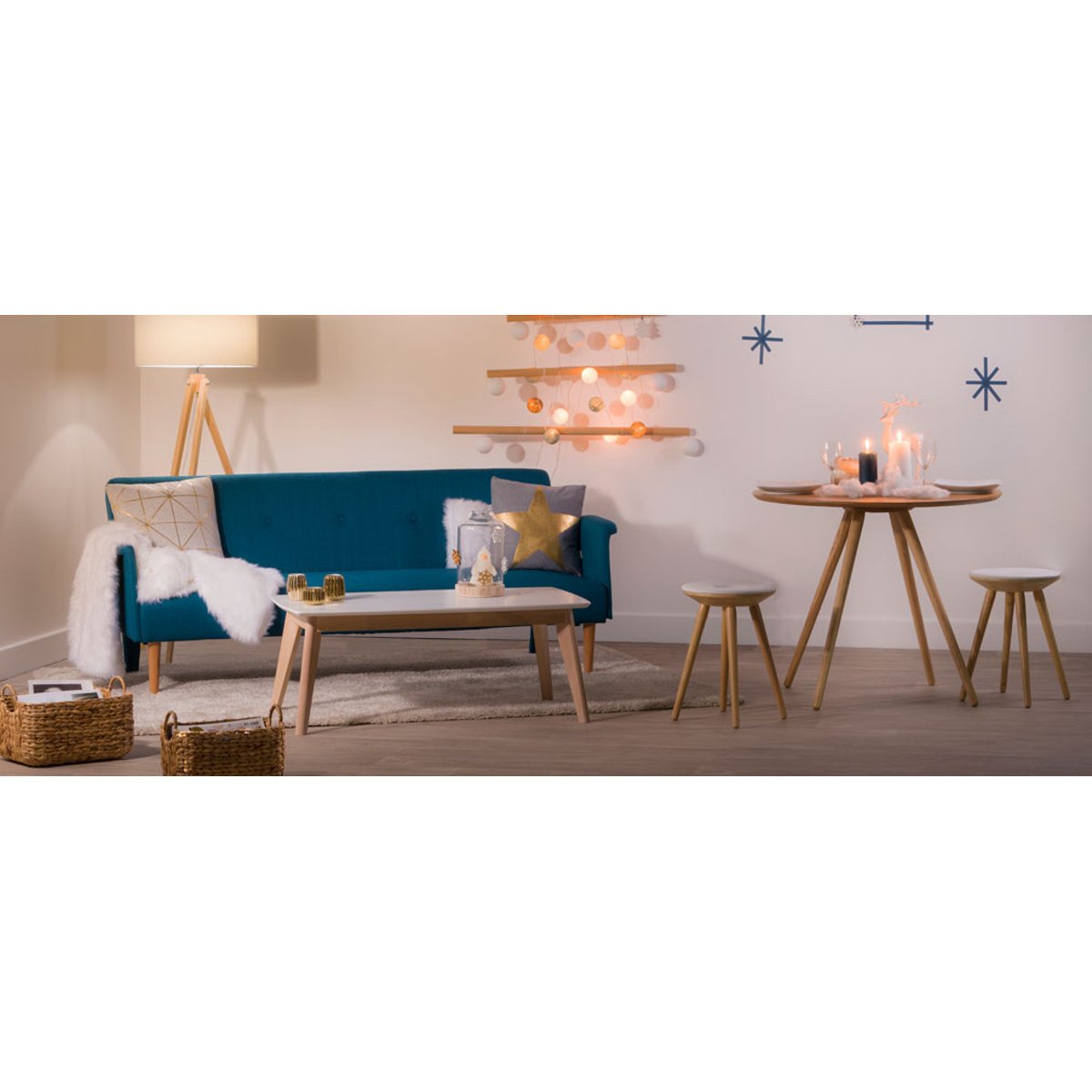 Canapé convertible scandinave 3 places en tissu bleu canard et bois clair OSCAR bleu canard, MILIBOO