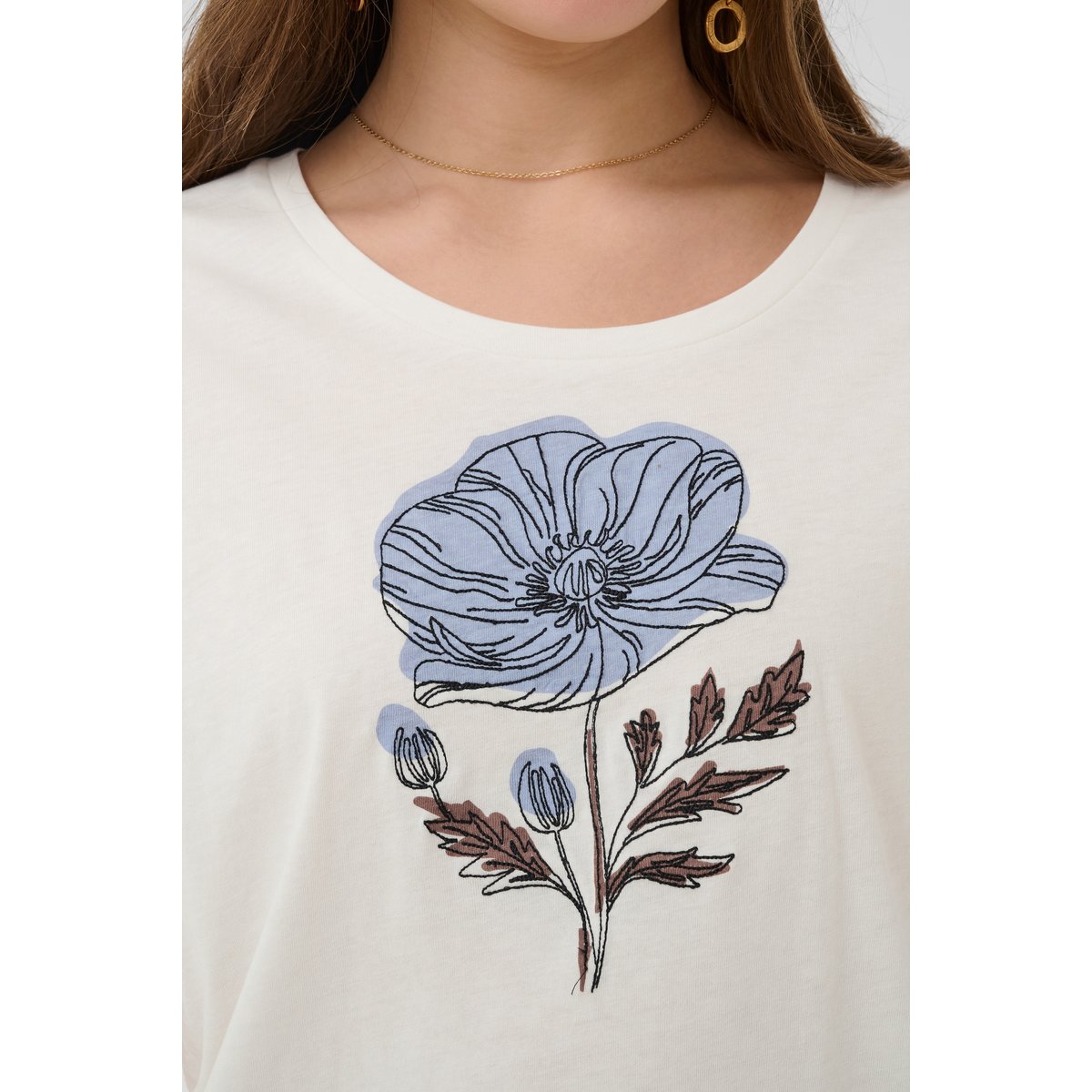 T-shirt à manches courtes bleu blue flower w embroidery, CREAM
