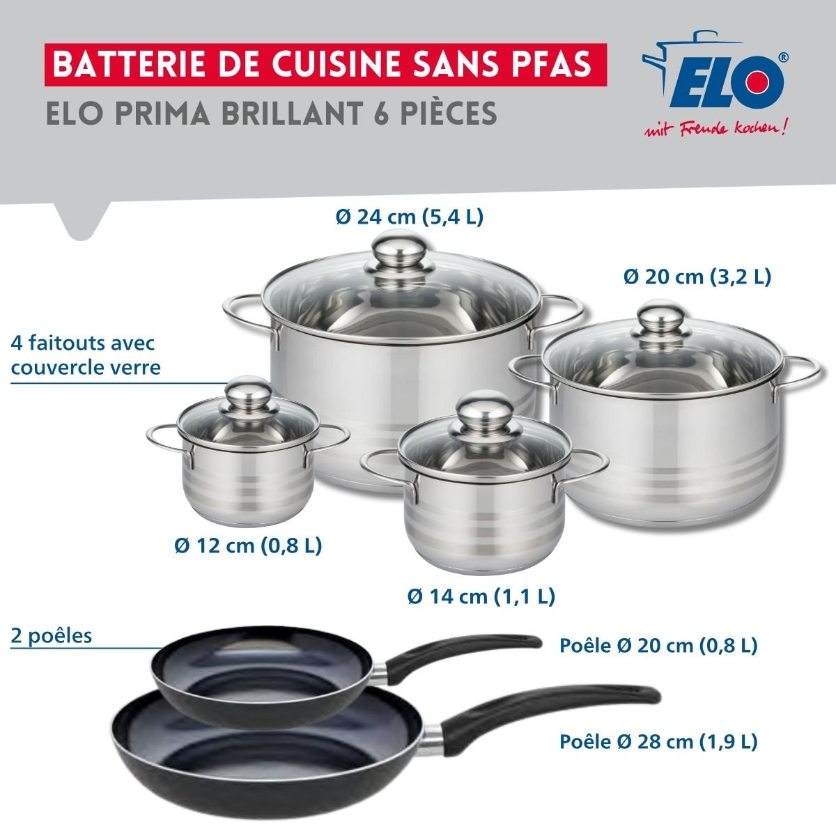 2 poêles 20/28cm + 4 faitouts 12/14/20/24cm PRIMA BRILLANT noir, ELO