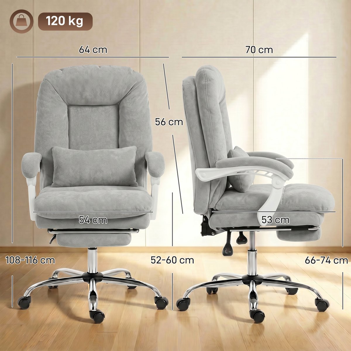 Chaise de bureau Velours (100 % Polyester) gris clair, HOMCOM