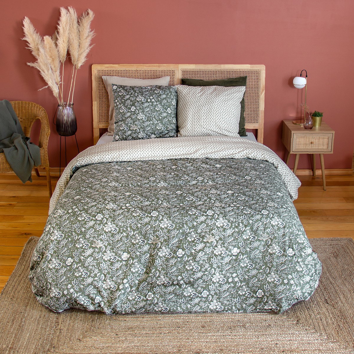 Parure de lit 3 pièces réversible motif floral kaki, HOME MAISON