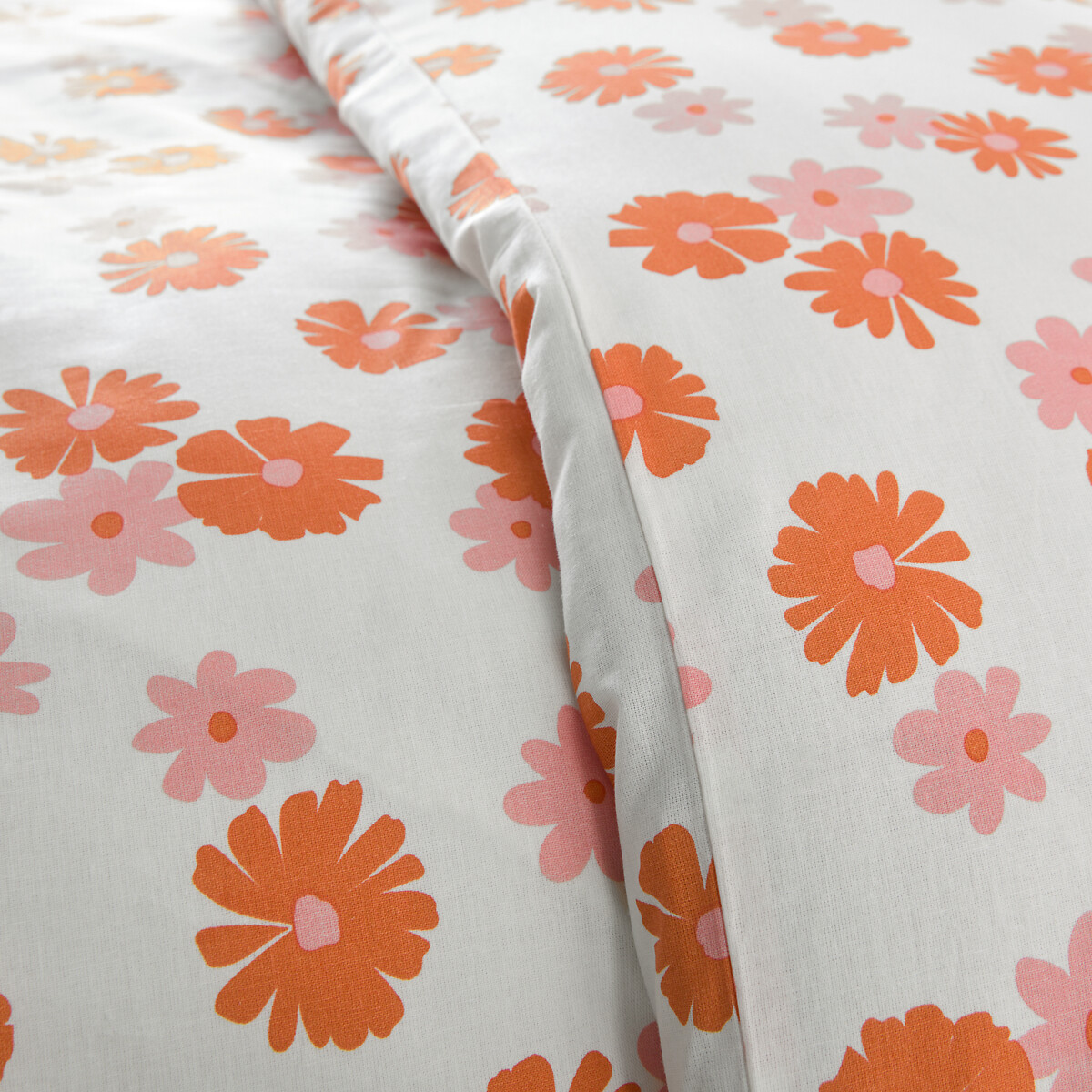Parure de lit enfant 50% coton recyclé, taie carrée, MARGUERITES orange/rose, LA REDOUTE INTERIEURS