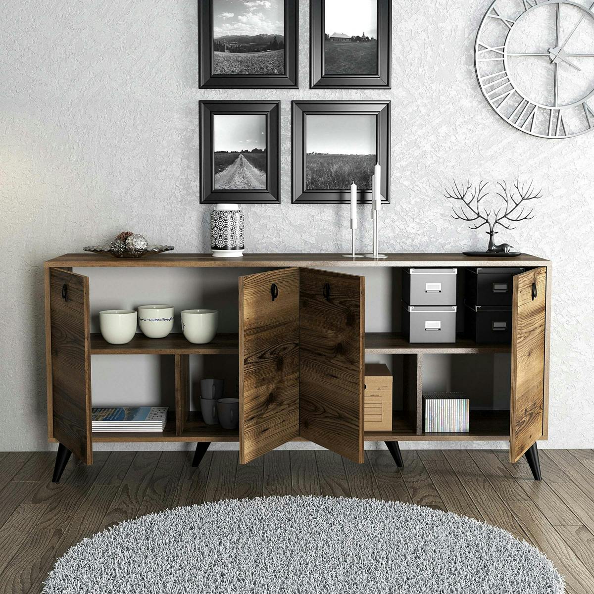 Buffet 4 portes, poignées anneaux UMEA noyer, PIER IMPORT