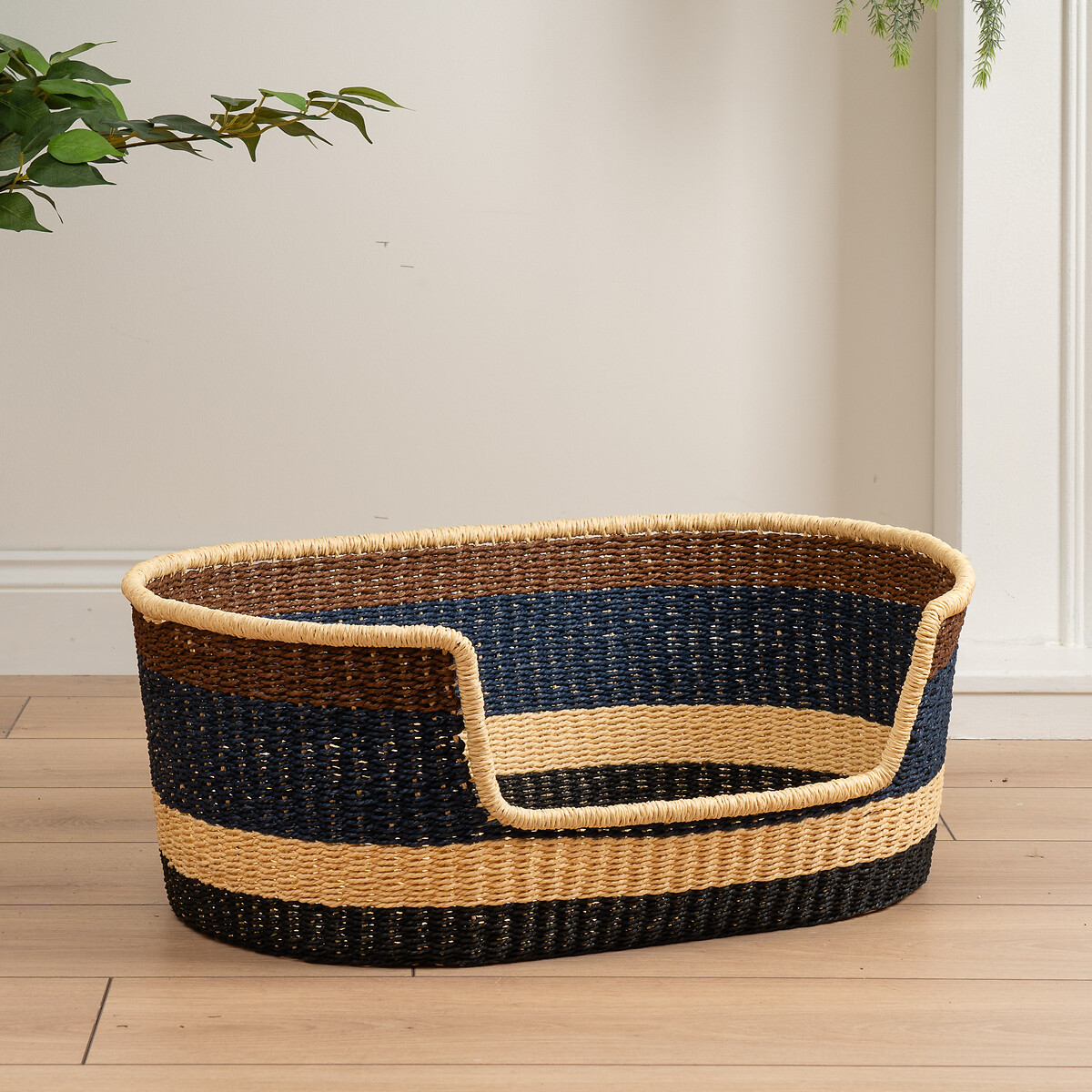 Navy and Brown Stripe Woven Pet Bed with Cushion Small navy, SO'HOME