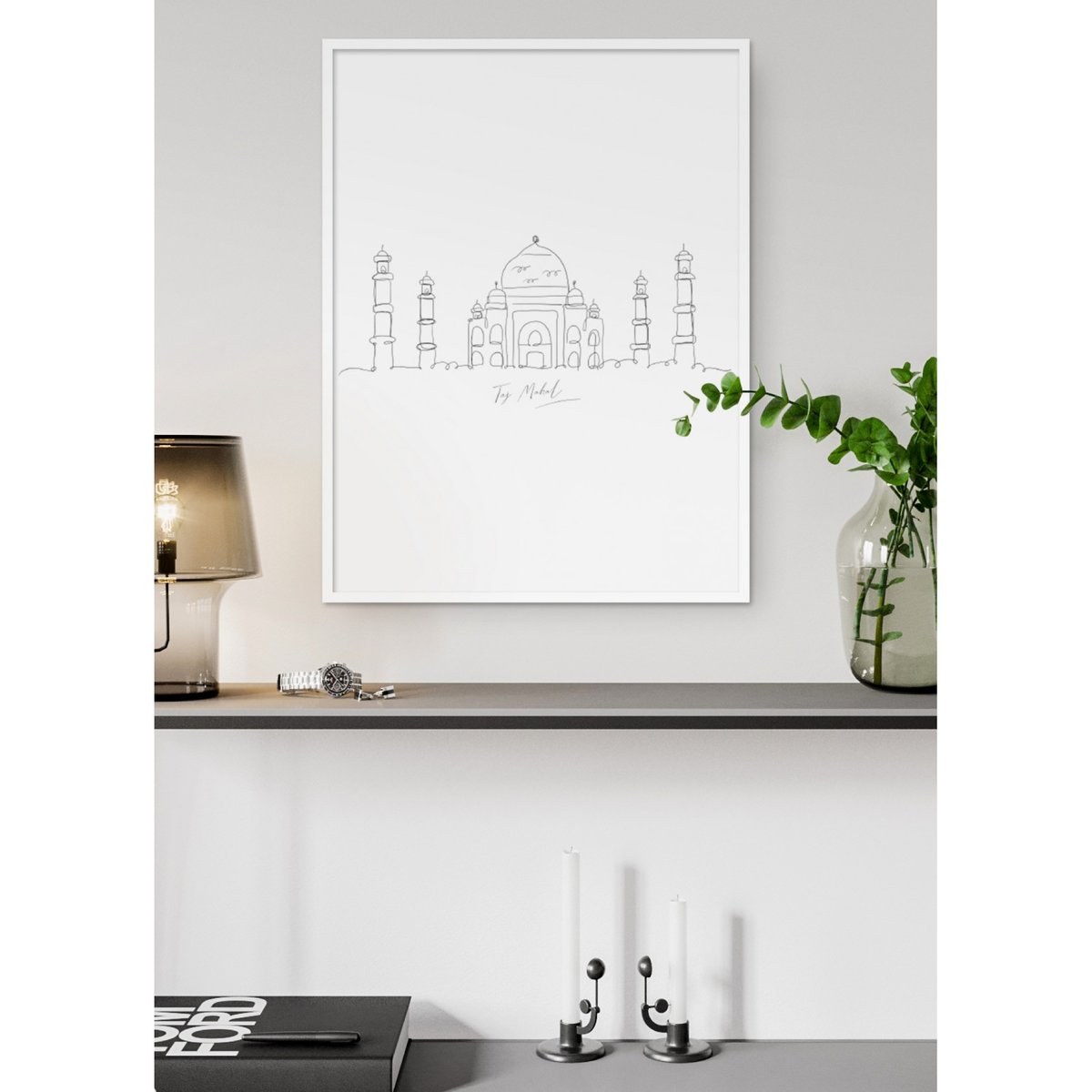 Affiche Line Art Taj Mahal blanc, L'AFFICHERIE