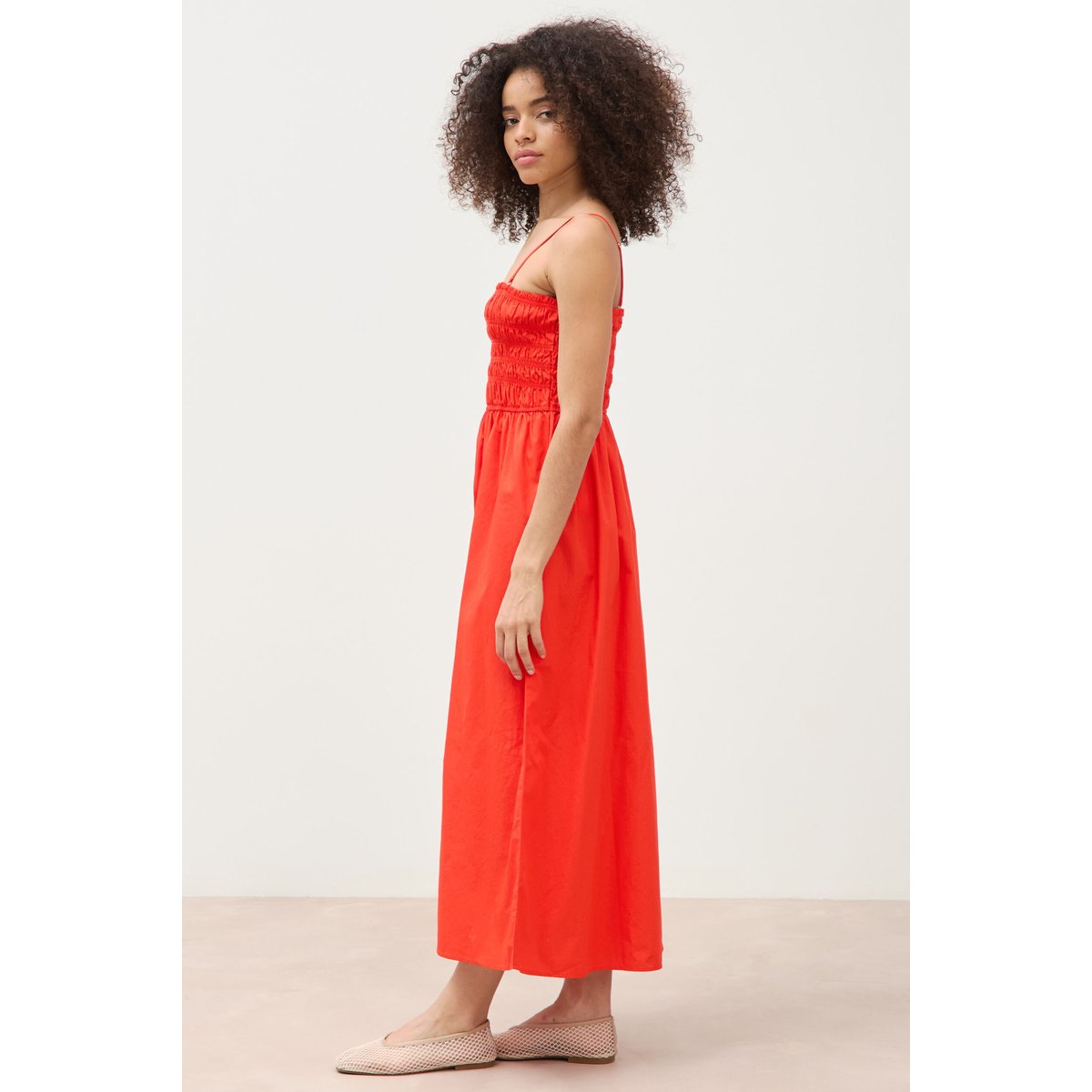 Robe bretelles col carré en coton orange foncé, BONOBO
