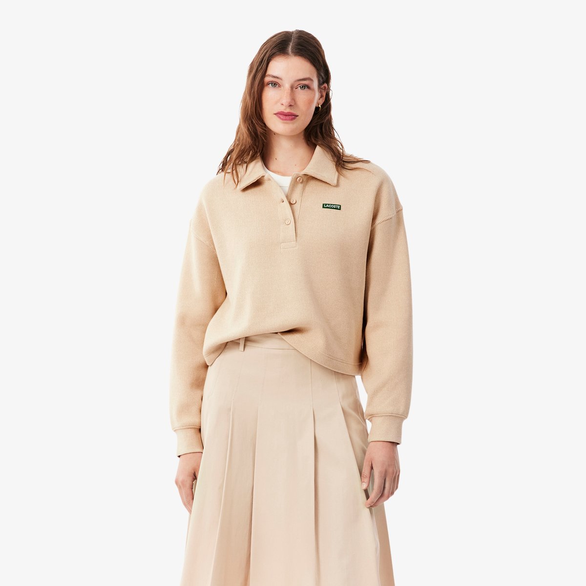 Sweatshirt col polo côtelé oversize beige-u47, LACOSTE