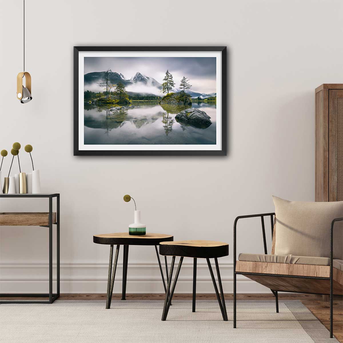 Affiche paysage matin pluvieux en bavière affiche + cadre en bois - noir, HEXOA