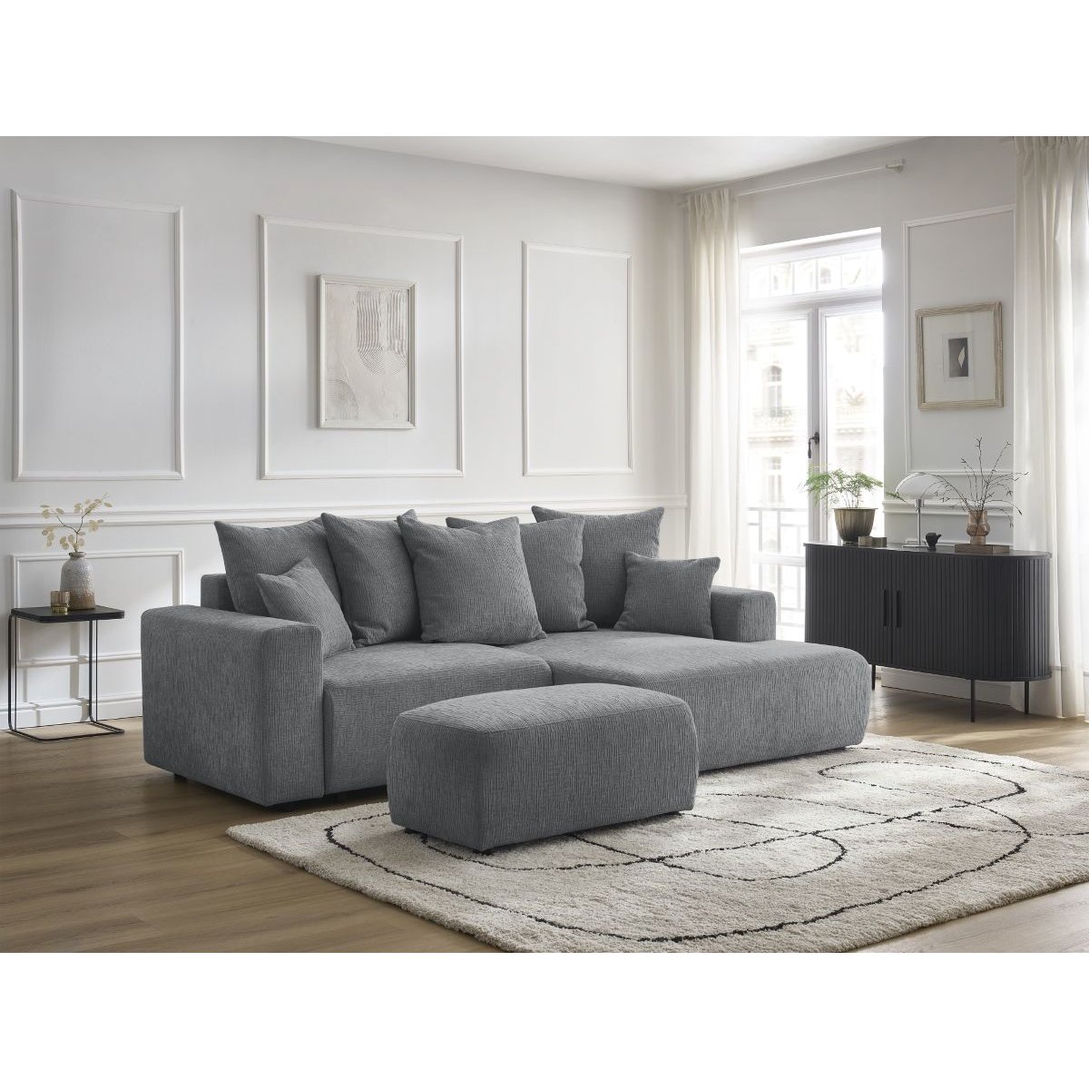 Canapé d'angle convertible 5 places en tissu texturé avec pouf, ATILLA gris foncé, BOBOCHIC