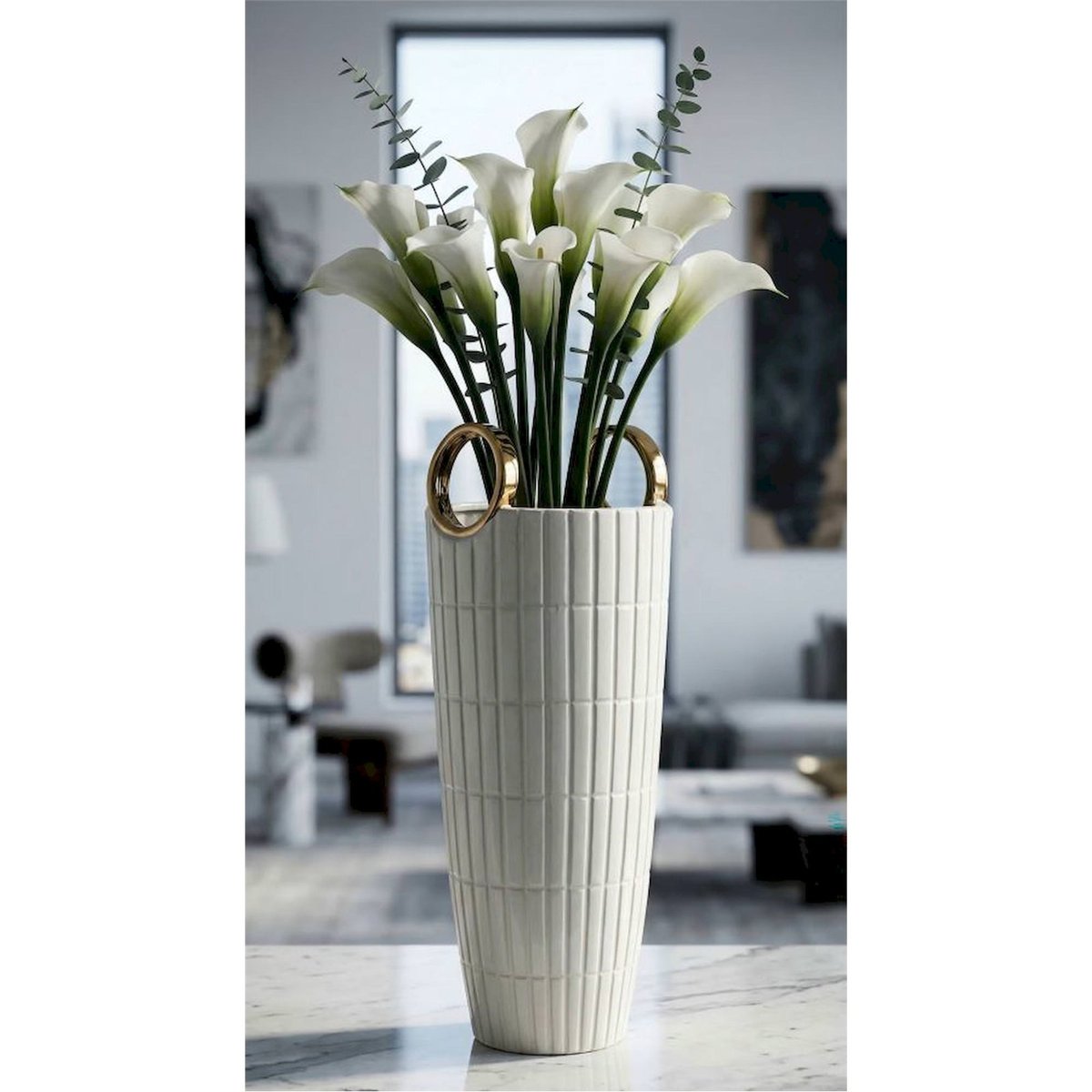 Vase en céramique à anses relief quadrillé blanc et doré, RECOLLECTION