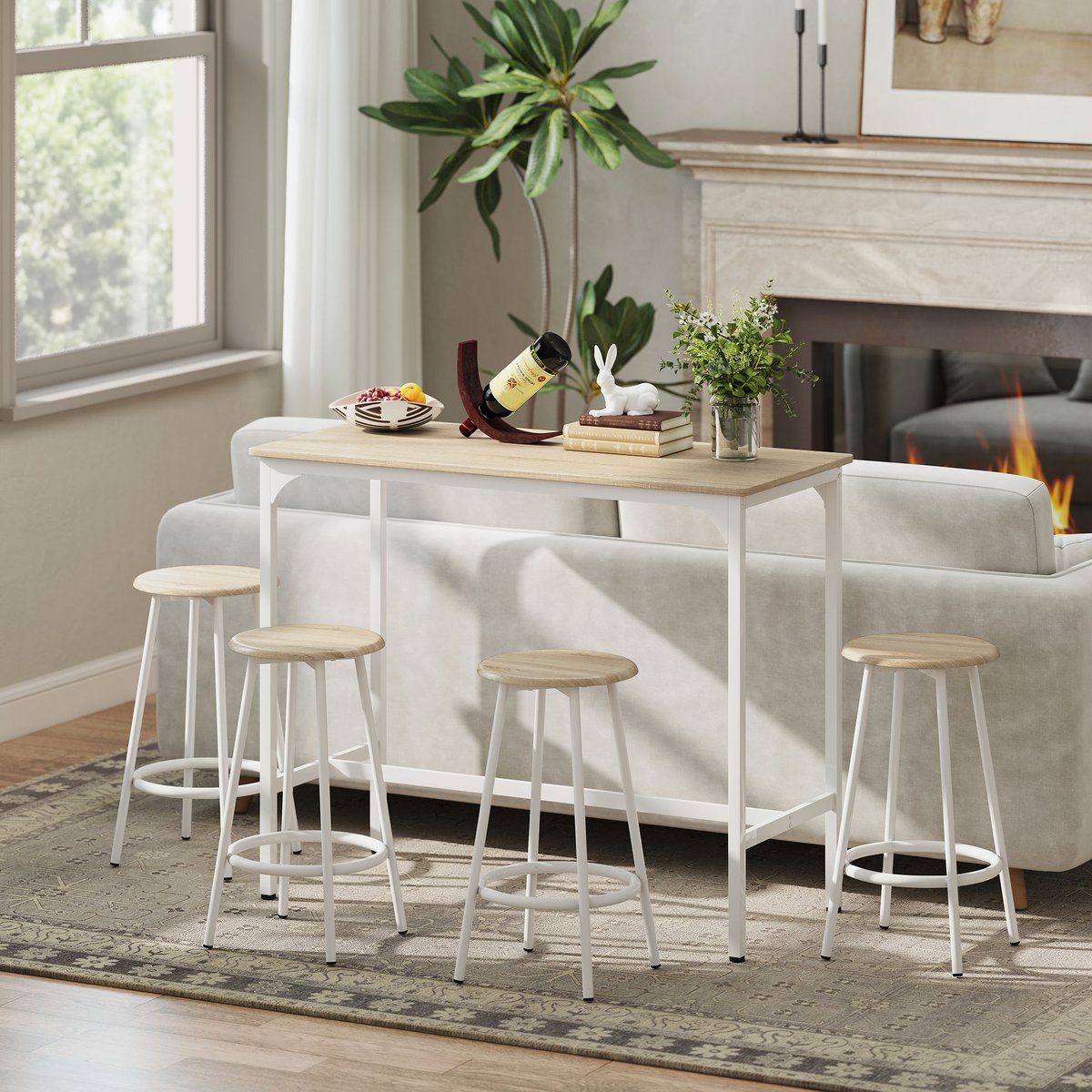 Ensemble de table de bar Métal effet bois naturel, blanc, HOMCOM