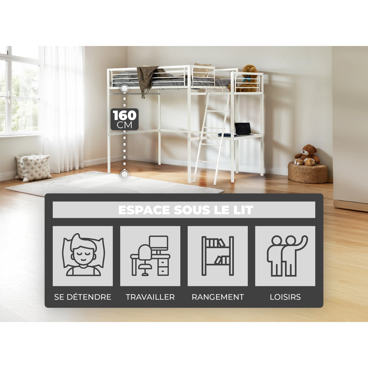 Lit mezzanine Lits superposes en métal sans matelas, LIONEL blanc, MEUBLES COSY