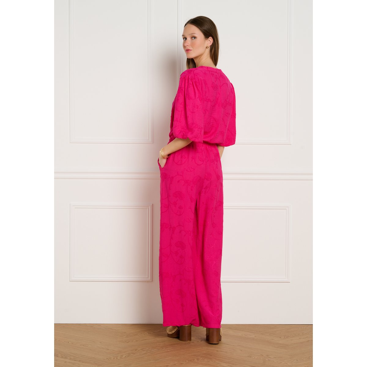 Pantalon brodé fluide fuchsia, LOLALIZA