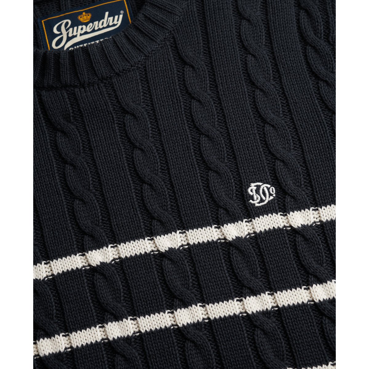 Pull en maille torsadée à rayures en coton rayé bleu marine/blanc, SUPERDRY
