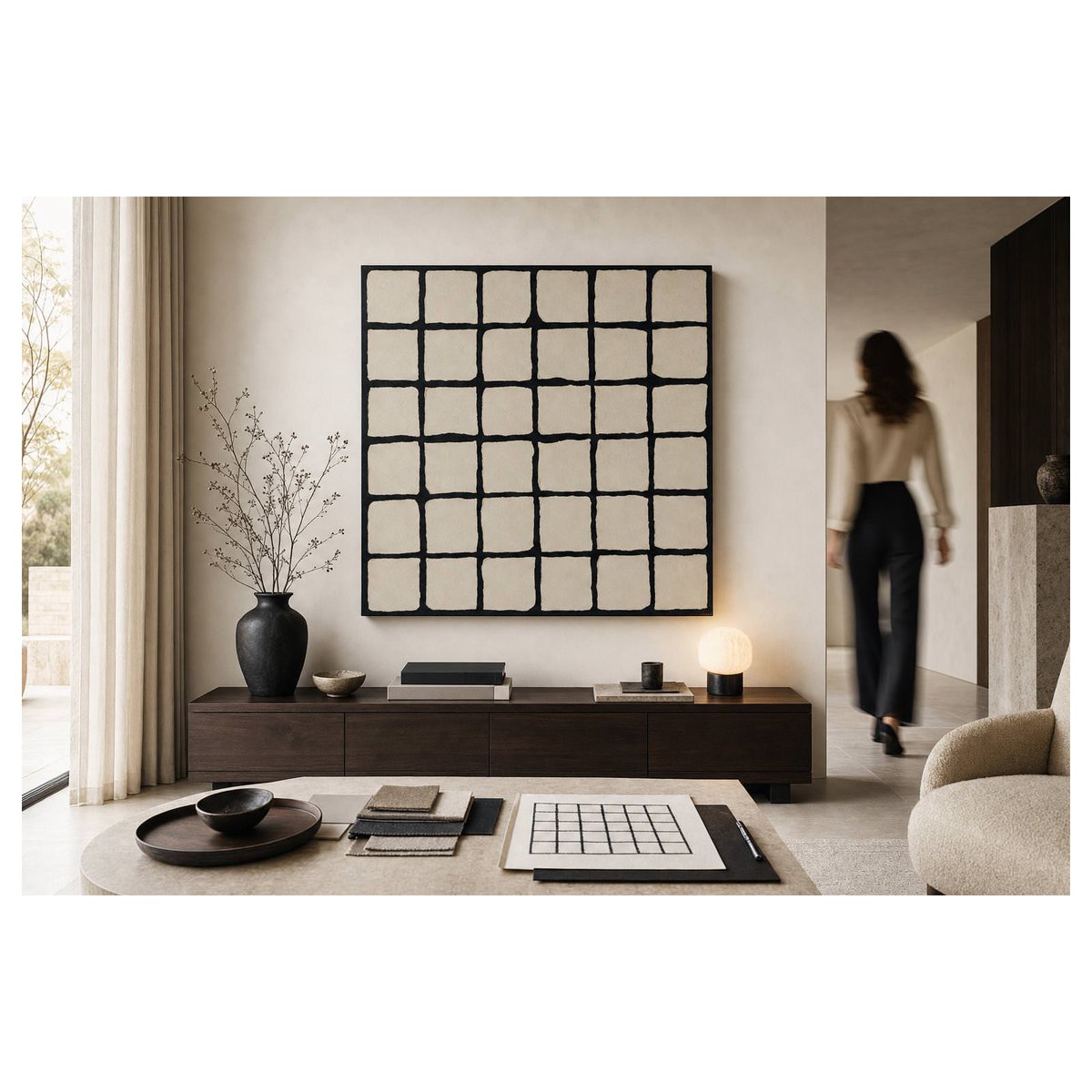 Toile tableau abstrait texturé fait main blanc et noir, RECOLLECTION