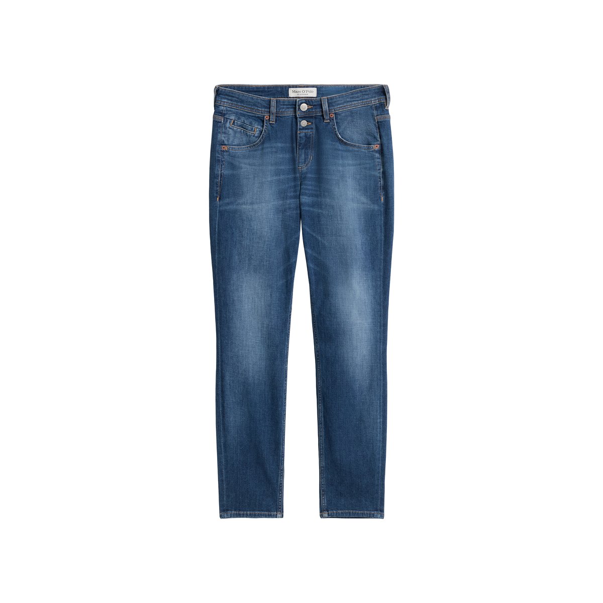 Jeans modèle Theda boyfriend cropped avec deux boutons bleu foncé, MARC O'POLO