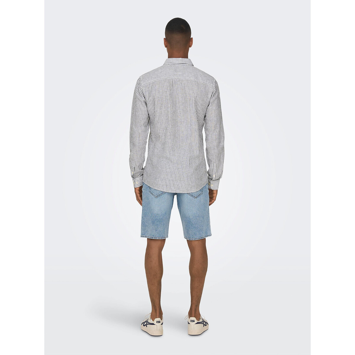 Chemise rayée slim fit coton lin bleu foncé, ONLY & SONS