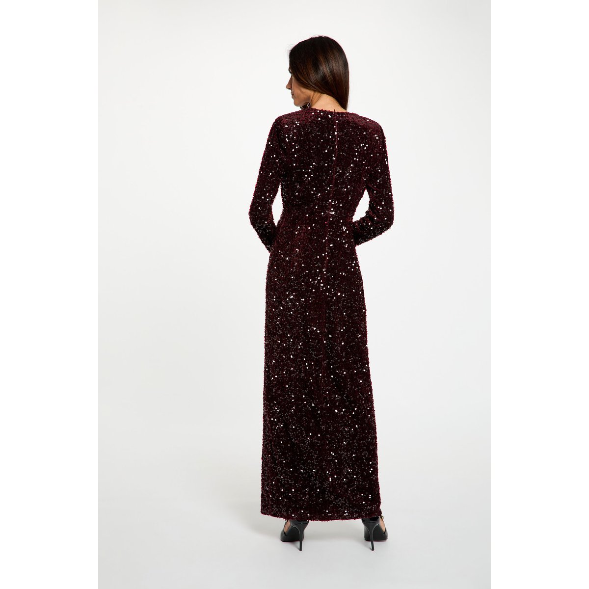 Robe longue ajustée sequins prune, MORGAN
