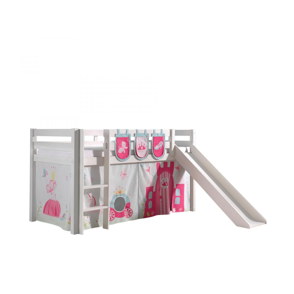 PINO Lit mezzanine avec toboggan pin massif + Little princess rideau et 3 pochettes couleur unique, VIPACK