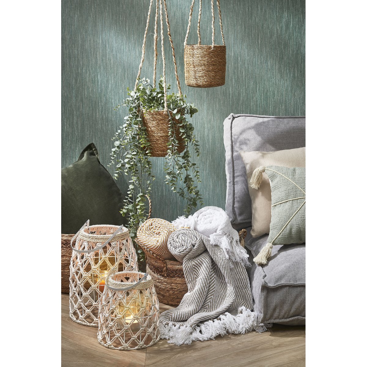 Ensemble de paniers à plantes en jonc de mer tressé ATLANTIC marron clair, MICA DECORATIONS