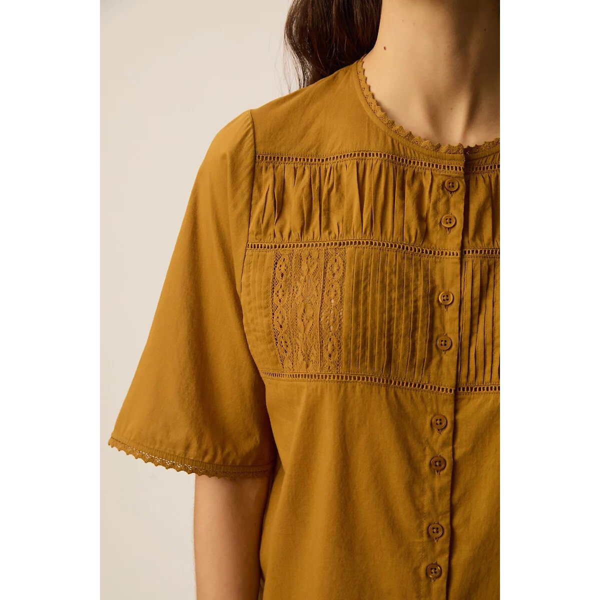 Blouse à manches courtes avec détails en dentelle, SALEM ocre, DES PETITS HAUTS