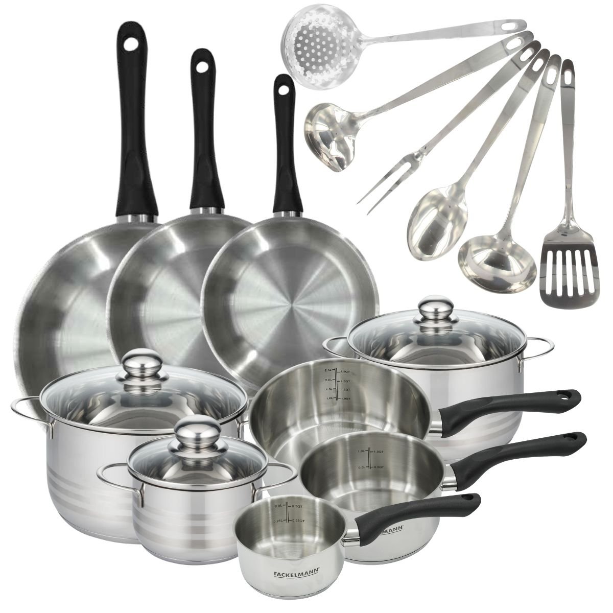 Batterie 3 poêles 20/24/28cm + 3 casseroles 12/16/20cm BRILLANT inox|noir, FACKELMANN