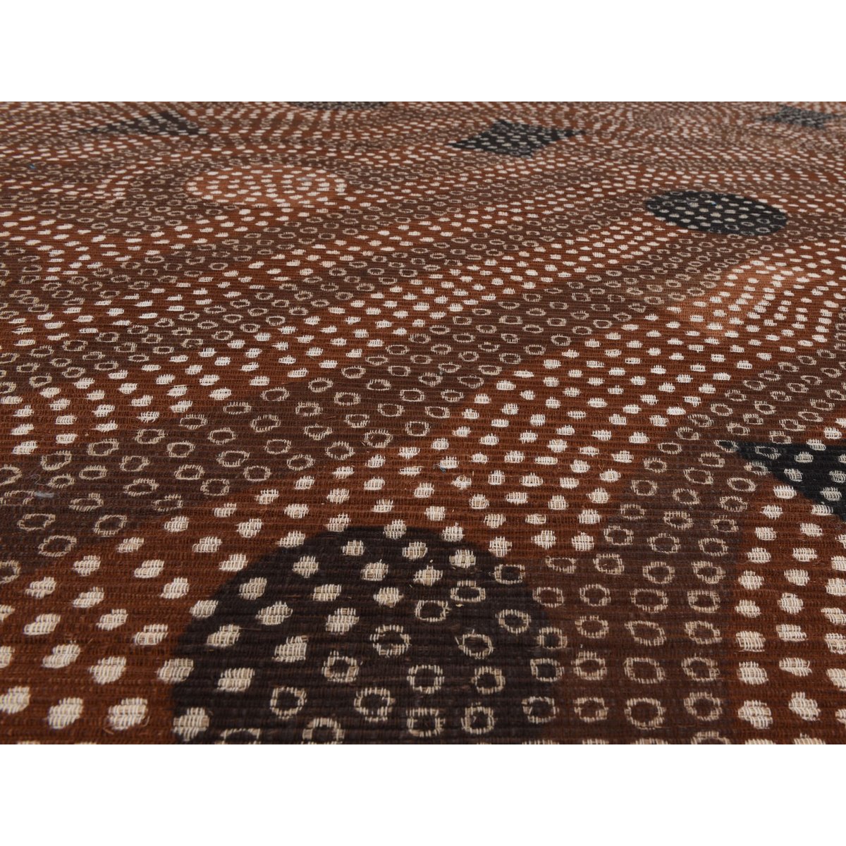 Tapis salon Bogolan fait main, plat, franges rouille, THEKO