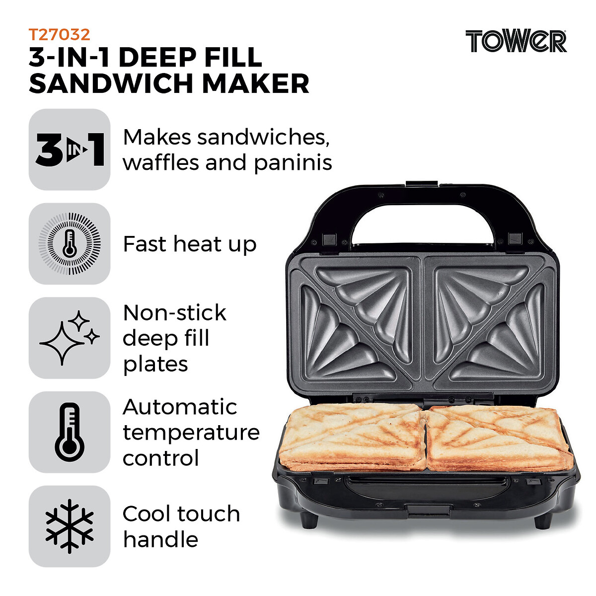 3-in-1 Deep Fill Sandwich Maker - T27032 stainless steel, TOWER