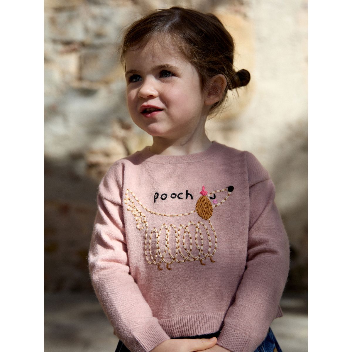 Pull coupe carrée pooch rose brodé, NEXT