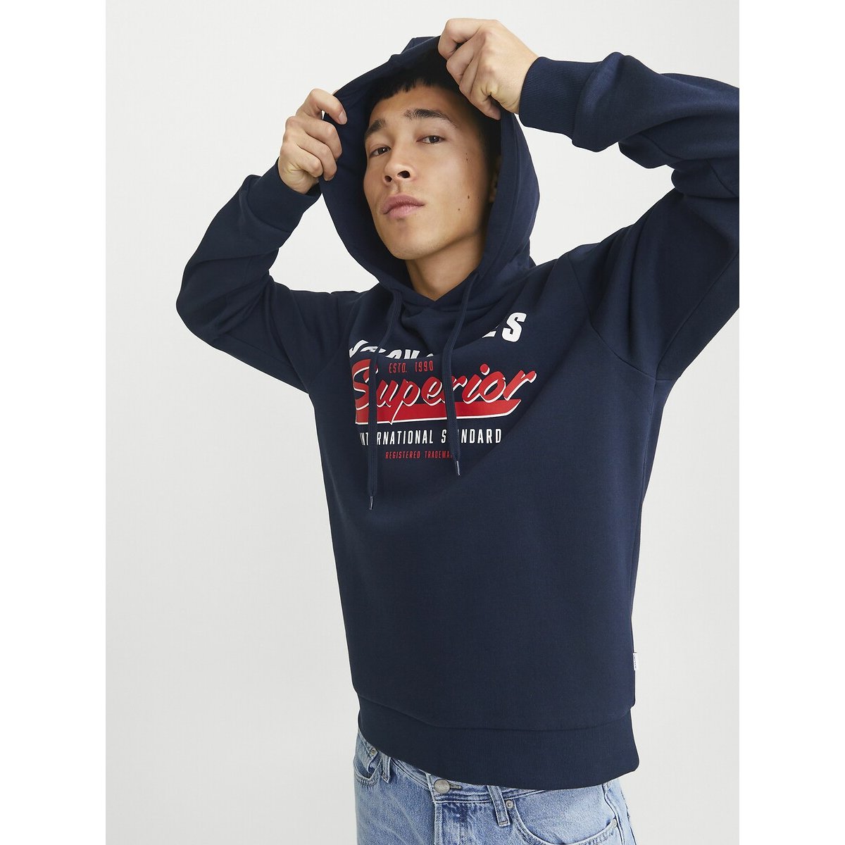 Sweat droit à capuche à logo bleu foncé, JACK & JONES