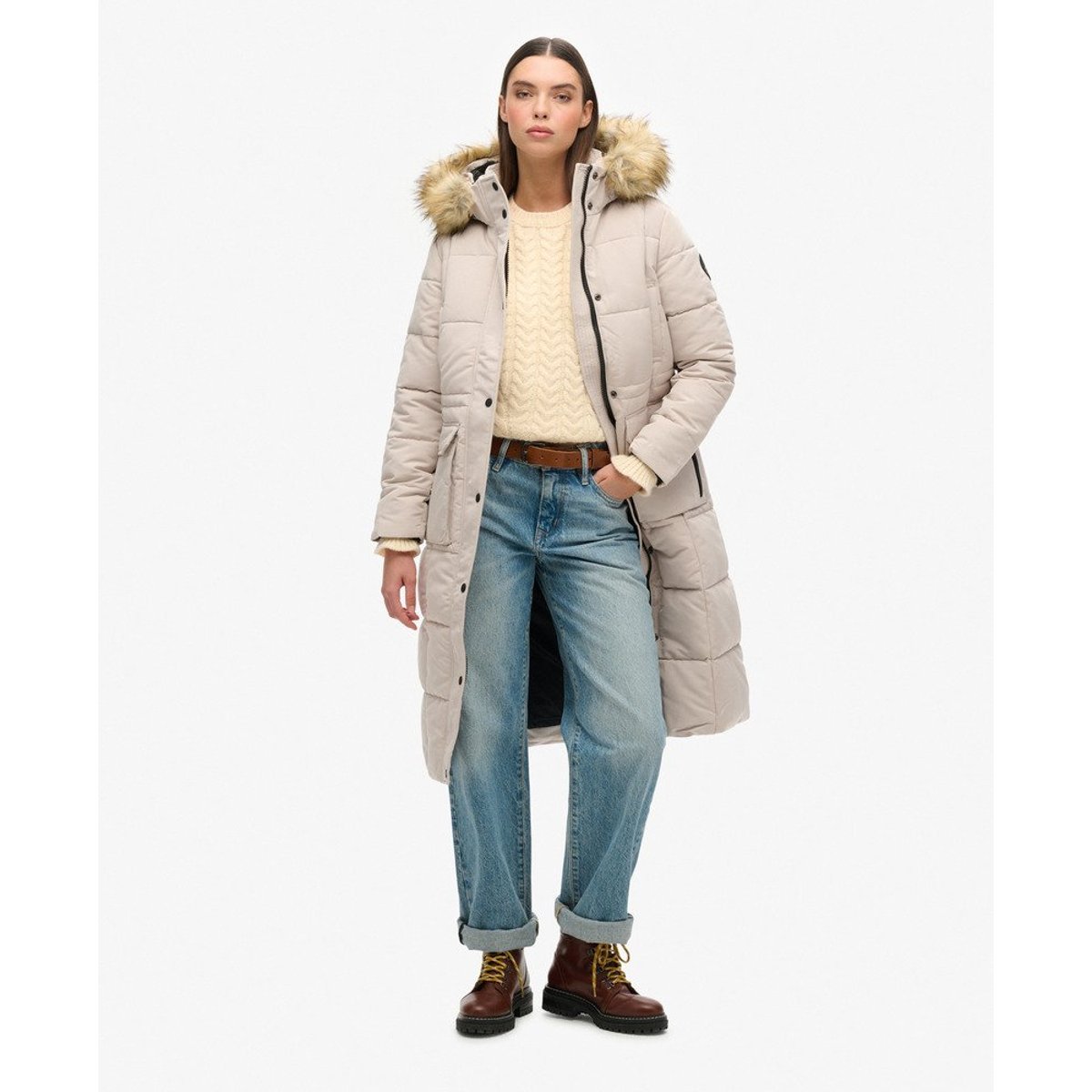 Manteau Everest Longline Puffer coupe ajustée gris château, SUPERDRY