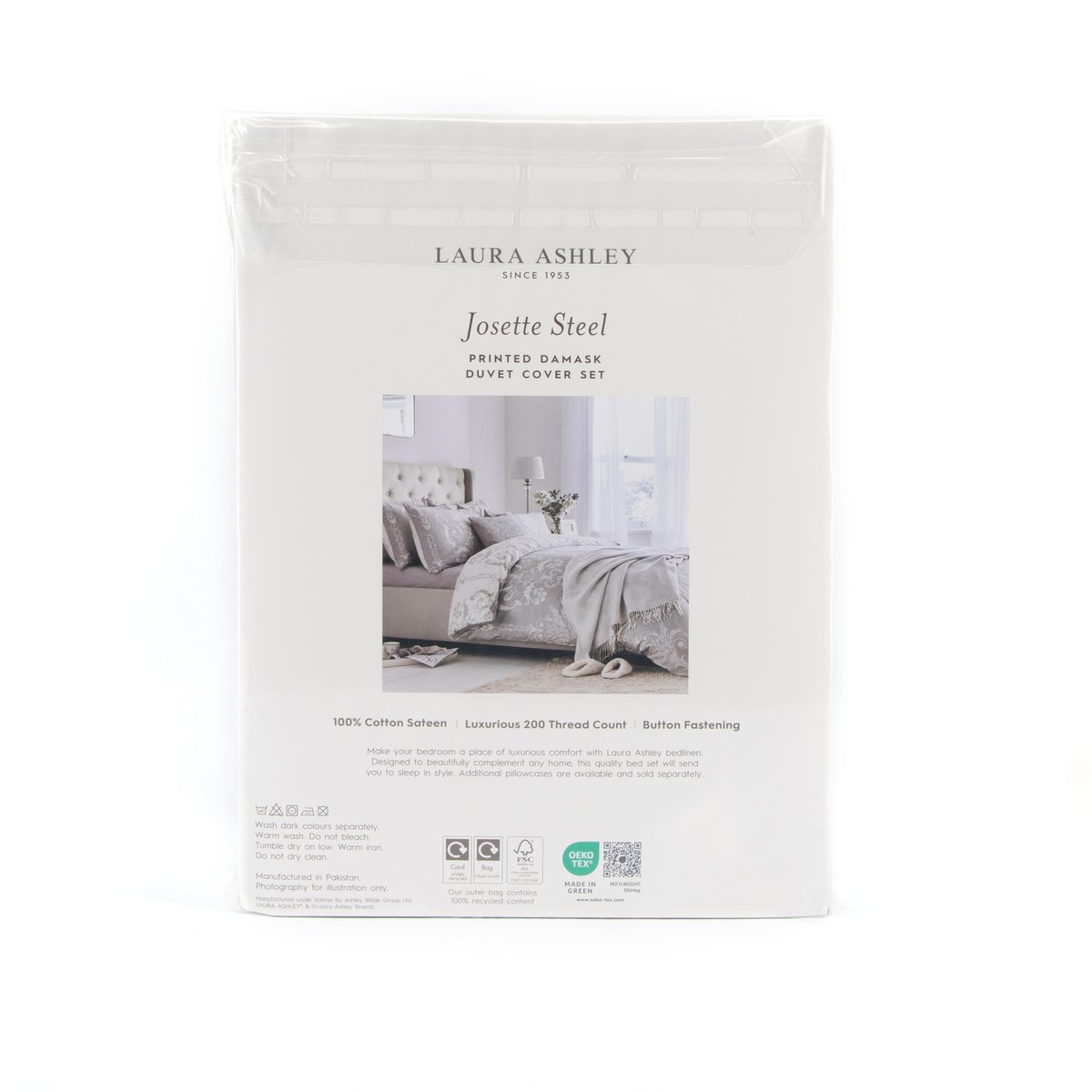 Parure de lit fleurie baroque damassé Josette Steel, housse de couette + 2 taies pour lit en 140 gris, LAURA ASHLEY