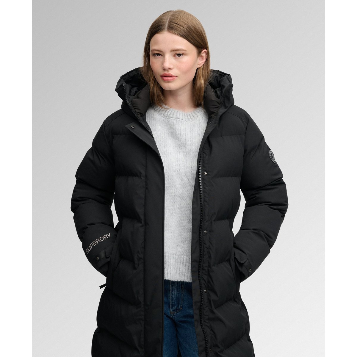 Manteau long rembourré à chevrons City noir, SUPERDRY