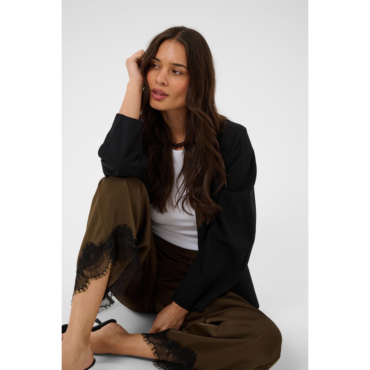 Pantalon casual marron noir seal borwn/black lace, KAFFE
