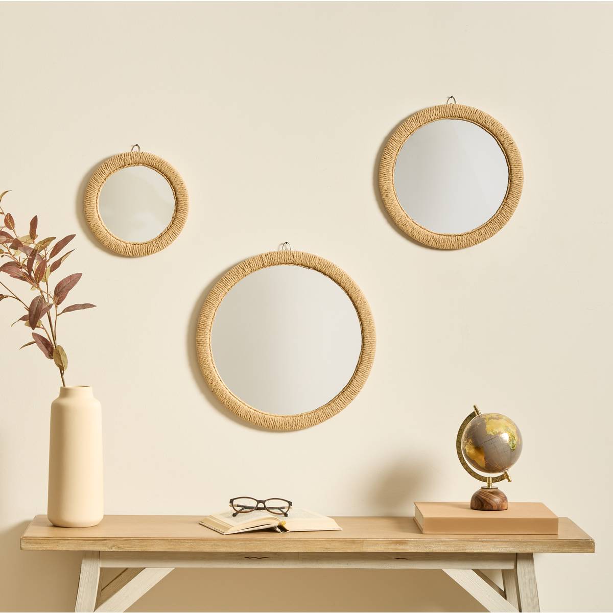 Lot de 3 miroirs ronds en corde TILIA marron, ATMOSPHERA