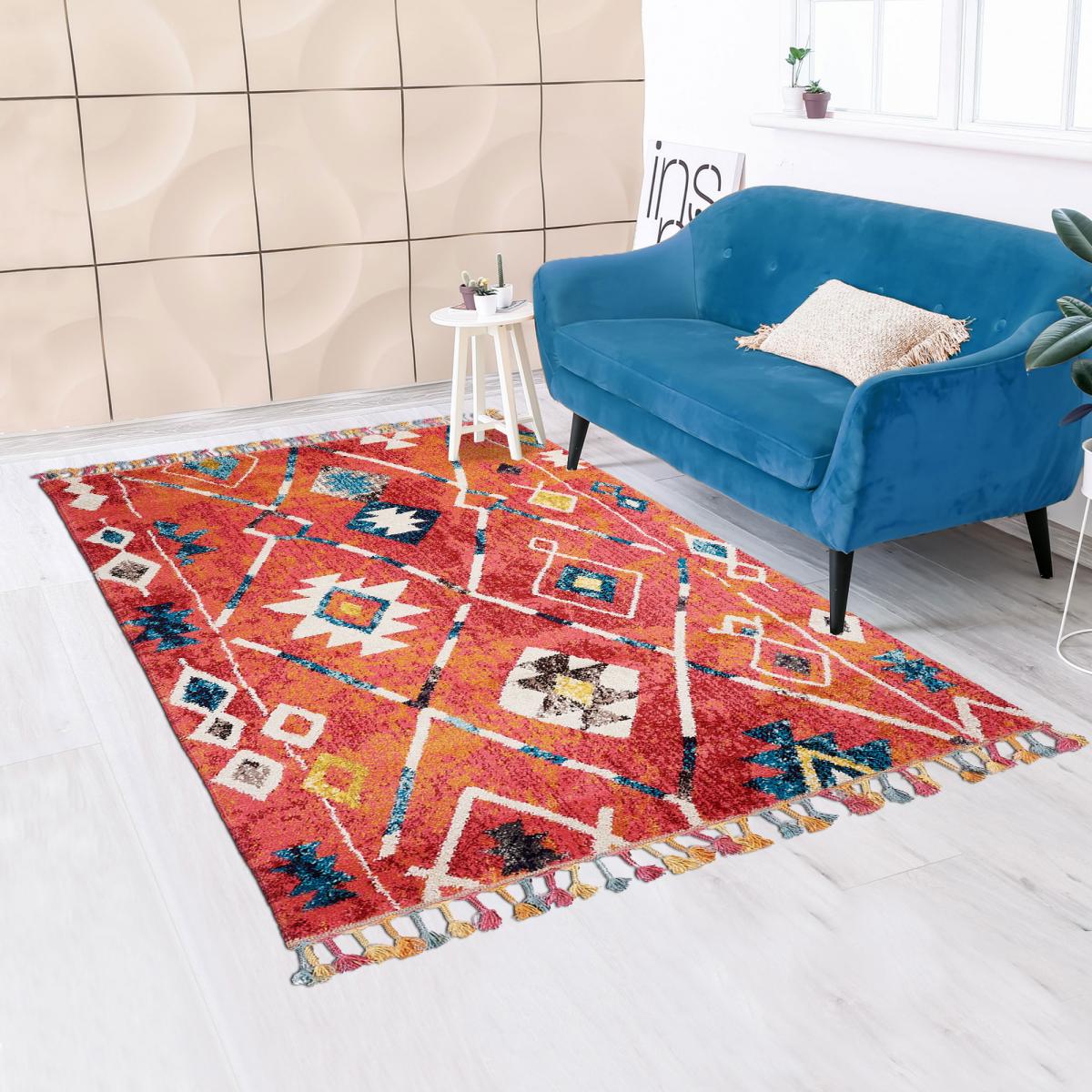 Tapis berbère tissé motifs tribaux LYN5 OURIKA B bleu, jaune, rose, orange, blanc, UN AMOUR DE TAPIS