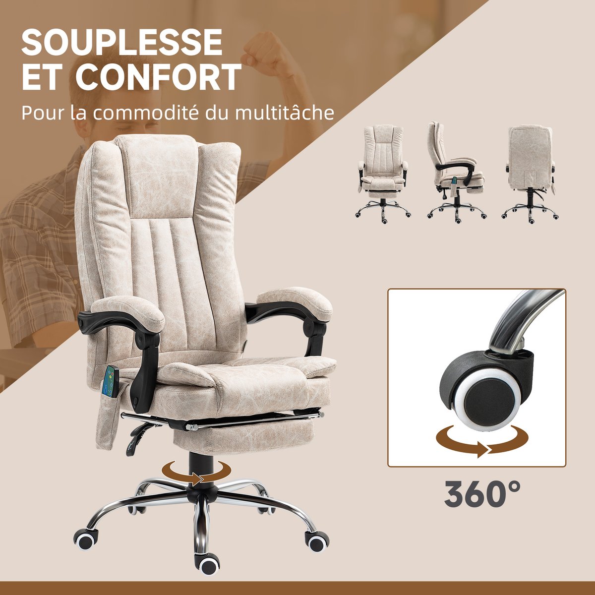 Fauteuil de bureau avec fonction massage crème, HOMCOM